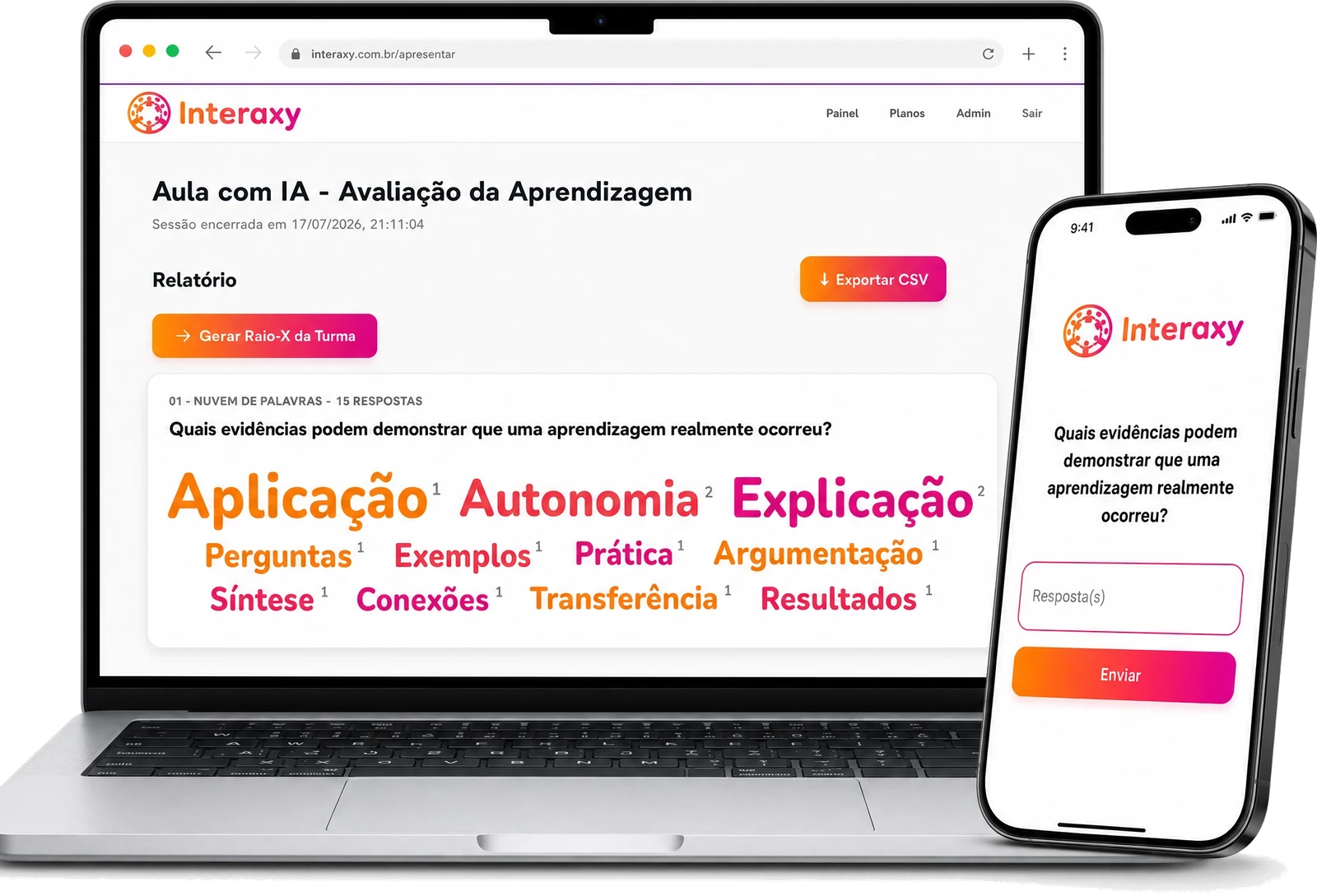 Interaxy no notebook e no celular mostrando o relatório da sessão ao vivo