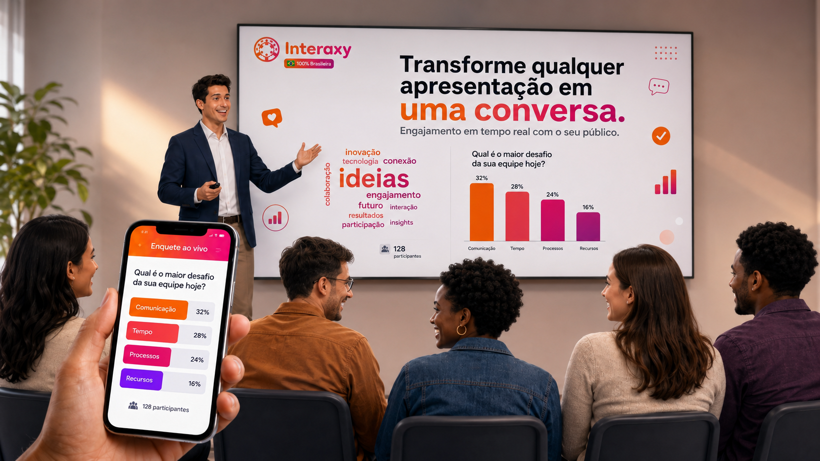 Apresentador usando o Interaxy com o público